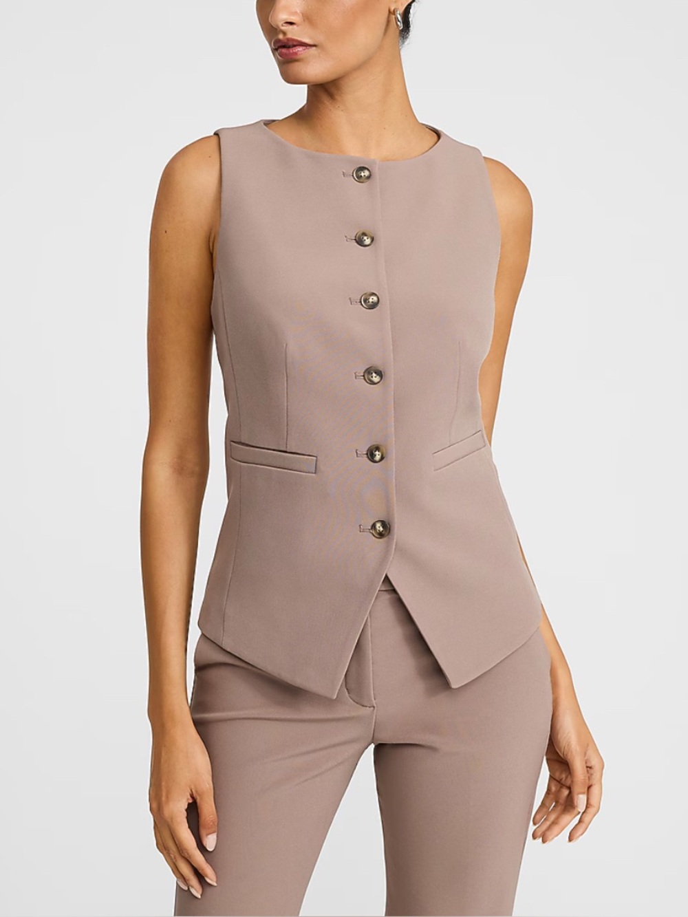 Express Boat Neck Cutaway Editor Blazer Vest in Mushroom